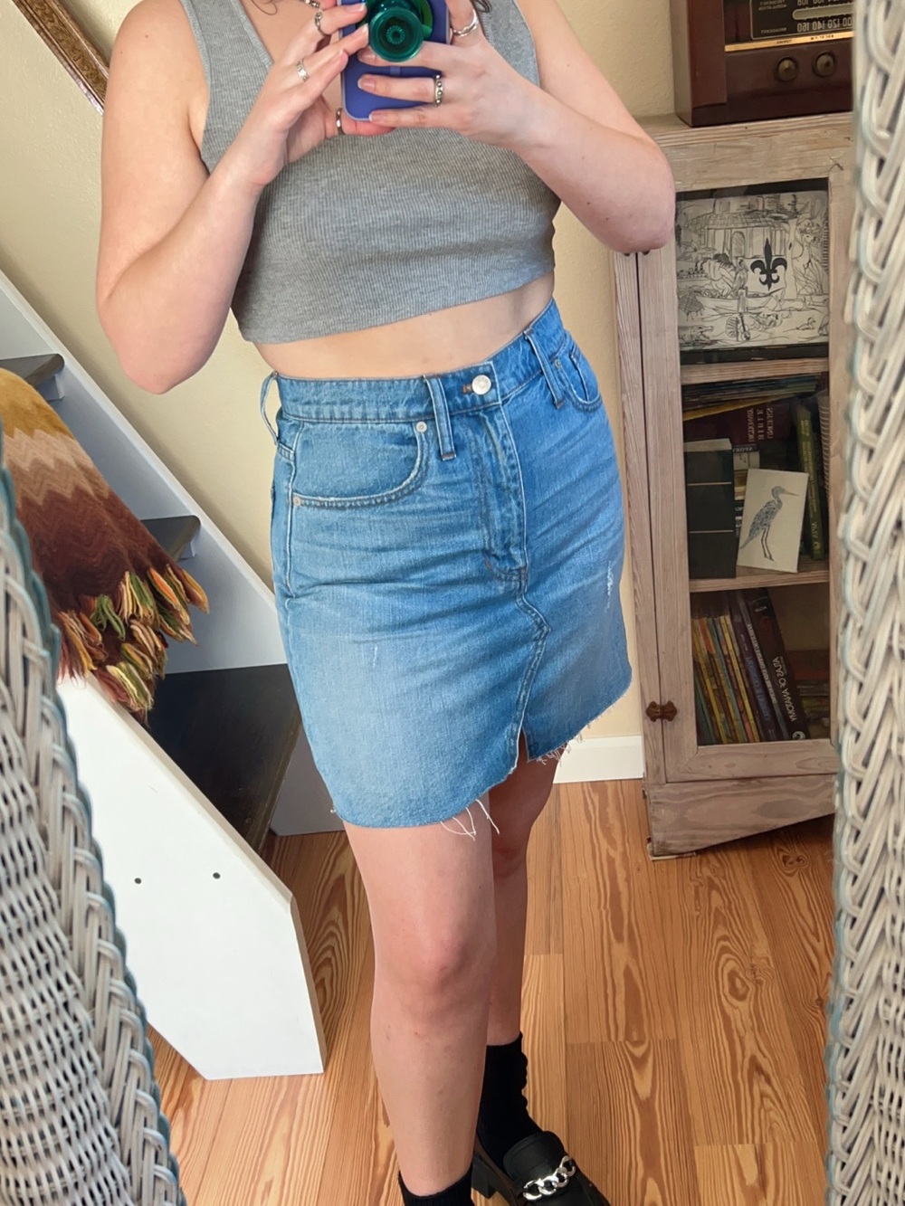 Madewell Light Wash Faded Denim Mini Skirt High Waisted Raw hem Minimalist